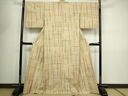 平和屋着物▽上質な紬　単衣　格子　正絹　逸品　DABF8768sf