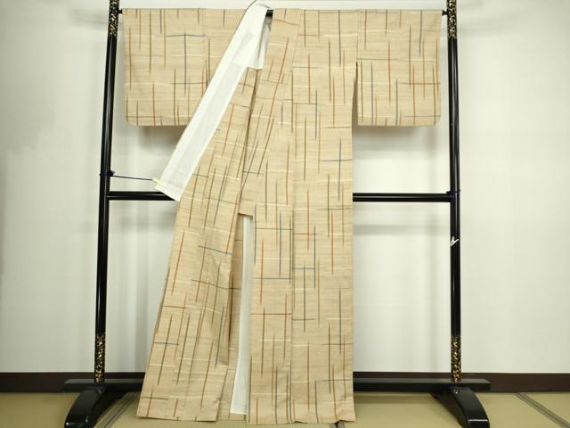 平和屋着物▽上質な紬　単衣　格子　正絹　逸品　DABF8768sf