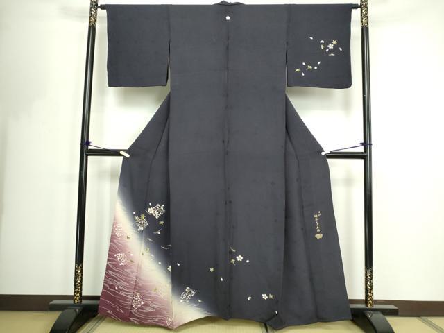 平和屋着物▽十代目 歌舞伎役者　坂東三津五郎　訪問着　単衣　舞桜文　暈し染め　金彩　やまと誂製　正絹　逸品　DABF8769sf