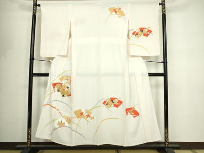 平和屋着物▽訪問着　単衣　駒刺繍　地紙草花文　金彩　正絹　逸品　DABF8775sf