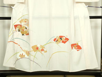 平和屋着物▽訪問着　単衣　駒刺繍　地紙草花文　金彩　正絹　逸品　DABF8775sf