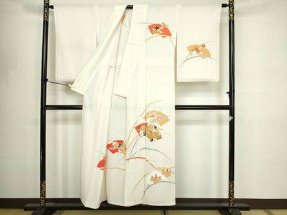 平和屋着物▽訪問着　単衣　駒刺繍　地紙草花文　金彩　正絹　逸品　DABF8775sf