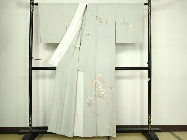 平和屋着物▽訪問着　単衣　駒刺繍　草花文　金彩　正絹　逸品　DABF8786sf