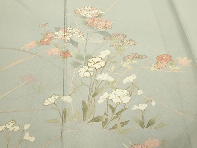 平和屋着物▽訪問着　単衣　駒刺繍　草花文　金彩　正絹　逸品　DABF8786sf