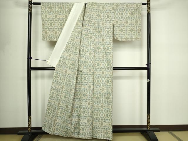 平和屋着物▽本場大島紬　白大島　単衣　７マルキ　花唐草文　正絹　逸品　DABF8791sf
