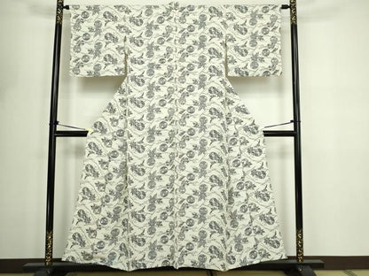 平和屋着物▽上質な小紋　単衣　舞葉文　正絹　逸品　DABF8794sf