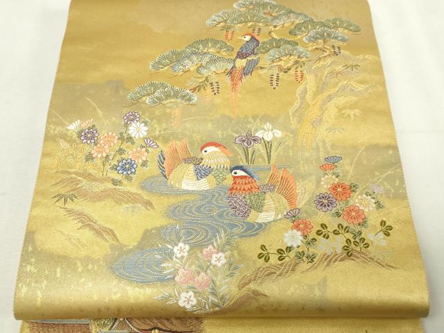 平和屋本店●太鼓柄袋帯　瑞園花鳥絵文　金泥箔　正絹　逸品　DABF8859sf