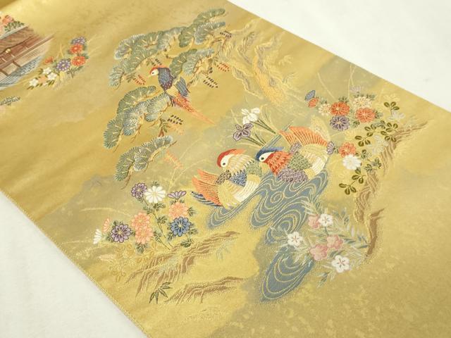 平和屋本店●太鼓柄袋帯　瑞園花鳥絵文　金泥箔　正絹　逸品　DABF8859sf