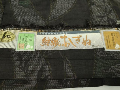 平和屋着物▽結城紬　単衣　80亀甲　結織苑　結織あしぎぬ　枝葉文　証紙付き　正絹　逸品　DABF8880sf