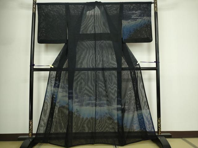 平和屋着物▽訪問着　単衣　無双　風景シルエット　紗袷　紗×紗　暈し染め　黒地　正絹　逸品　DABF8881sf