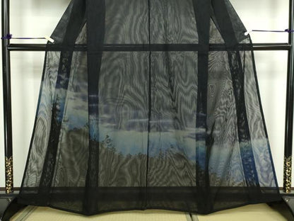 平和屋着物▽訪問着　単衣　無双　風景シルエット　紗袷　紗×紗　暈し染め　黒地　正絹　逸品　DABF8881sf
