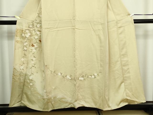 平和屋着物▽訪問着　単衣　駒刺繍　花蝶文　暈し染め　金彩　正絹　逸品　DABF8906sf