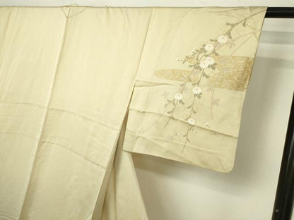 平和屋着物▽訪問着　単衣　駒刺繍　花蝶文　暈し染め　金彩　正絹　逸品　DABF8906sf