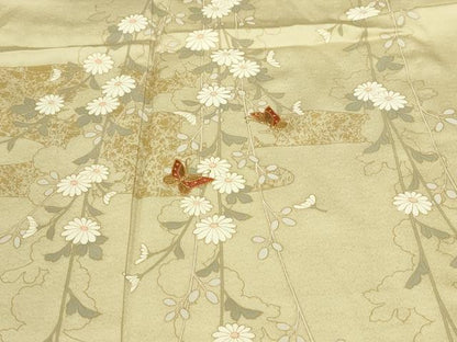 平和屋着物▽訪問着　単衣　駒刺繍　花蝶文　暈し染め　金彩　正絹　逸品　DABF8906sf