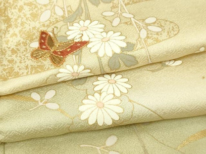 平和屋着物▽訪問着　単衣　駒刺繍　花蝶文　暈し染め　金彩　正絹　逸品　DABF8906sf