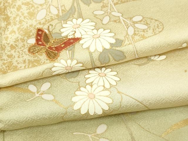 平和屋着物▽訪問着　単衣　駒刺繍　花蝶文　暈し染め　金彩　正絹　逸品　DABF8906sf