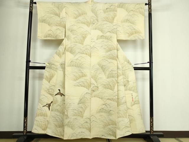 平和屋着物▽訪問着　単衣　作家物　手描き　雀　暈し染め　正絹　逸品　DABF8913sf