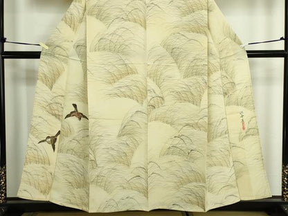 平和屋着物▽訪問着　単衣　作家物　手描き　雀　暈し染め　正絹　逸品　DABF8913sf