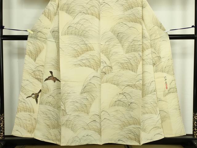平和屋着物▽訪問着　単衣　作家物　手描き　雀　暈し染め　正絹　逸品　DABF8913sf