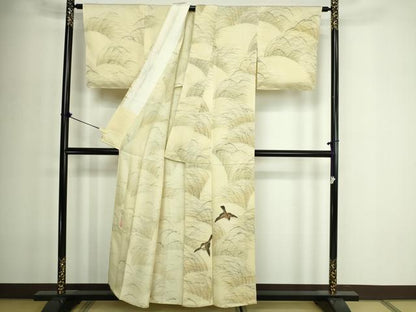 平和屋着物▽訪問着　単衣　作家物　手描き　雀　暈し染め　正絹　逸品　DABF8913sf