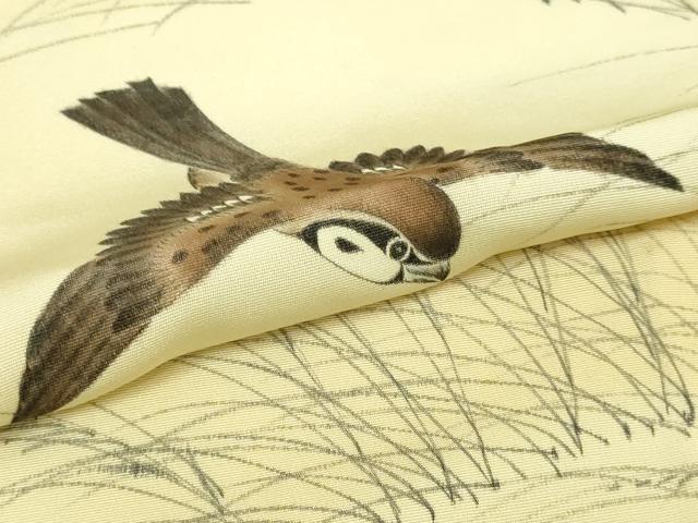 平和屋着物▽訪問着　単衣　作家物　手描き　雀　暈し染め　正絹　逸品　DABF8913sf