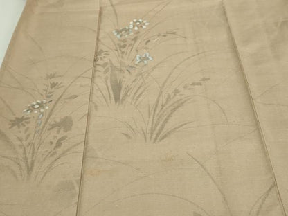 平和屋着物▽訪問着　単衣　紬地　刺繍　草花文　正絹　逸品　DABF8915sf