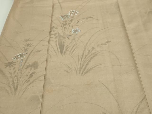 平和屋着物▽訪問着　単衣　紬地　刺繍　草花文　正絹　逸品　DABF8915sf