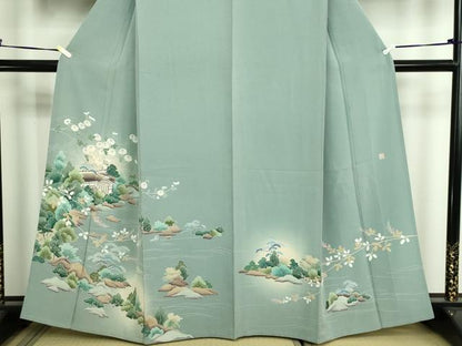 平和屋着物▽訪問着　単衣　友禅　作家物　風景草花文　暈し染め　正絹　逸品　DABF8916sf