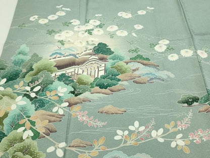 平和屋着物▽訪問着　単衣　友禅　作家物　風景草花文　暈し染め　正絹　逸品　DABF8916sf