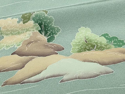 平和屋着物▽訪問着　単衣　友禅　作家物　風景草花文　暈し染め　正絹　逸品　DABF8916sf