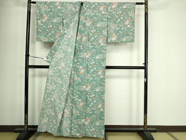 平和屋着物▽小紋　単衣　草花文　洗える着物　DABF8920sf
