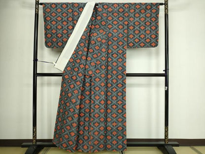 平和屋着物▽上質な紬　単衣　花菱文　正絹　逸品　DABF8924sf