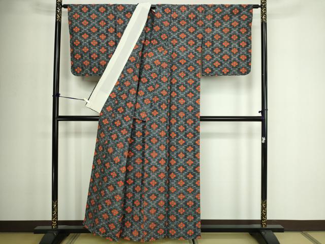 平和屋着物▽上質な紬　単衣　花菱文　正絹　逸品　DABF8924sf