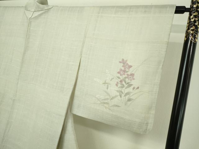 平和屋着物▽訪問着　単衣　生紬　草花文　正絹　逸品　DABF8927sf