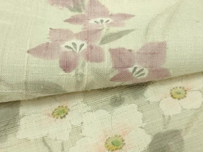 平和屋着物▽訪問着　単衣　生紬　草花文　正絹　逸品　DABF8927sf
