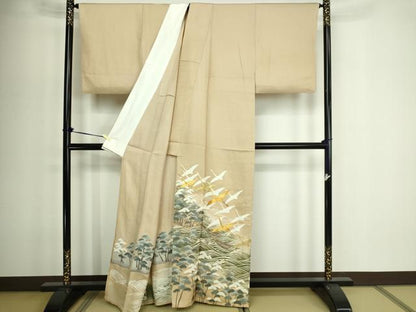 平和屋着物▽豪華色留袖　単衣　飛鶴樹林文　金彩　正絹　逸品　DABF8931sf