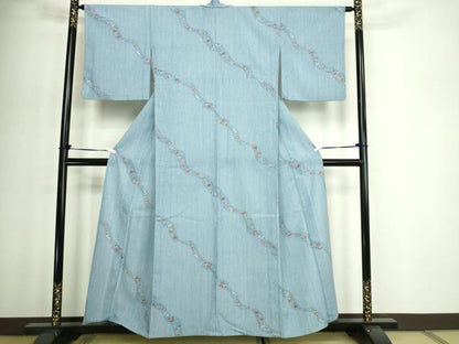 平和屋着物▽小紋　単衣　更紗花文　洗える着物　DABF8932sf