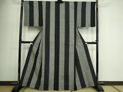平和屋着物▽上質な紬　単衣　縞　黒地　正絹　逸品　DABF8940sf