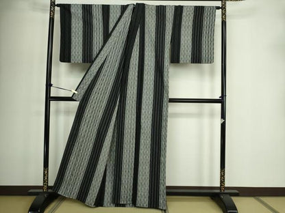 平和屋着物▽上質な紬　単衣　縞　黒地　正絹　逸品　DABF8940sf
