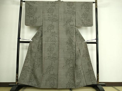 平和屋着物▽上質な紬　単衣　葡萄蔦の葉文　正絹　逸品　DABF8942sf