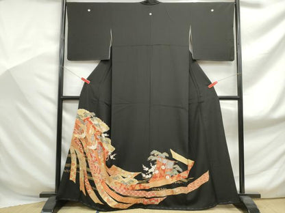 平和屋着物■豪華黒留袖　駒刺繍　宝尽くし飛鶴花文　金彩　正絹　逸品　DABF9015qa