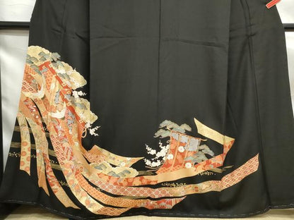 平和屋着物■豪華黒留袖　駒刺繍　宝尽くし飛鶴花文　金彩　正絹　逸品　DABF9015qa