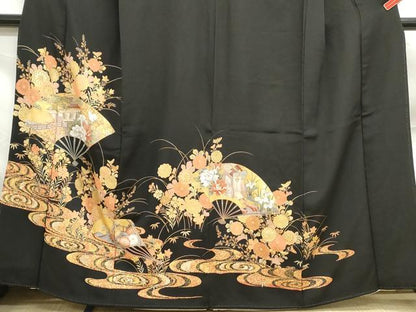 平和屋着物■豪華黒留袖 駒刺繍 扇面風景文 金糸 金彩 正絹 逸品 DABF9032qa