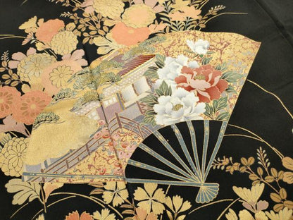 平和屋着物■豪華黒留袖 駒刺繍 扇面風景文 金糸 金彩 正絹 逸品 DABF9032qa