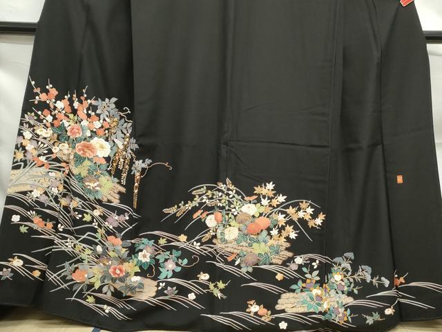 平和屋着物■豪華黒留袖 作家物 刺繍 花筏文 金糸 金彩 洗える着物 DABF9045qa