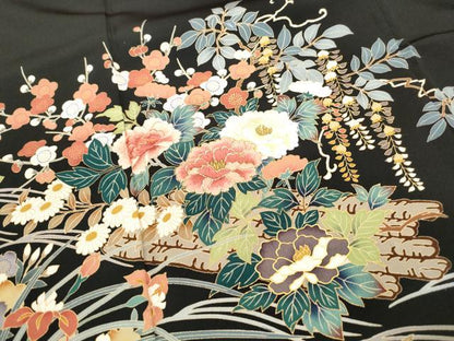 平和屋着物■豪華黒留袖 作家物 刺繍 花筏文 金糸 金彩 洗える着物 DABF9045qa