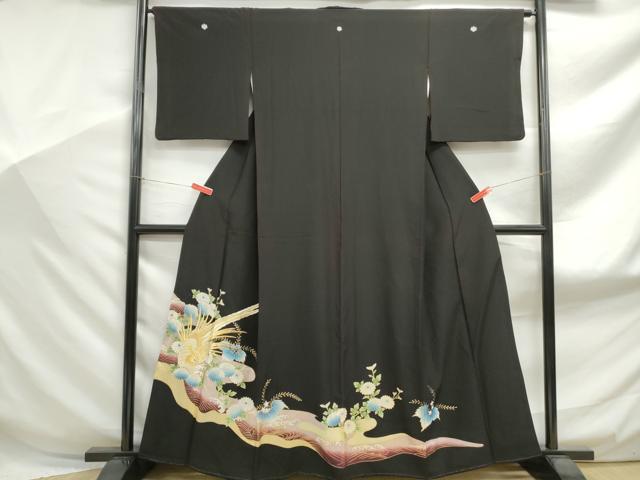 平和屋着物■黒留袖　刺繍　立波花鳥文　金糸　金彩　洗える着物　DABF9048qa