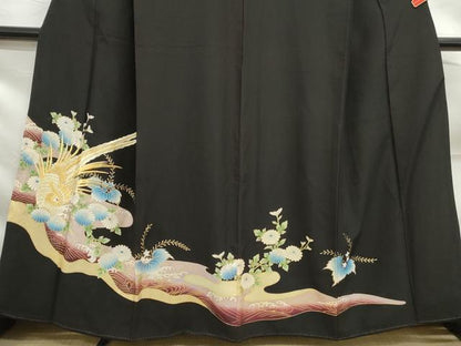 平和屋着物■黒留袖　刺繍　立波花鳥文　金糸　金彩　洗える着物　DABF9048qa