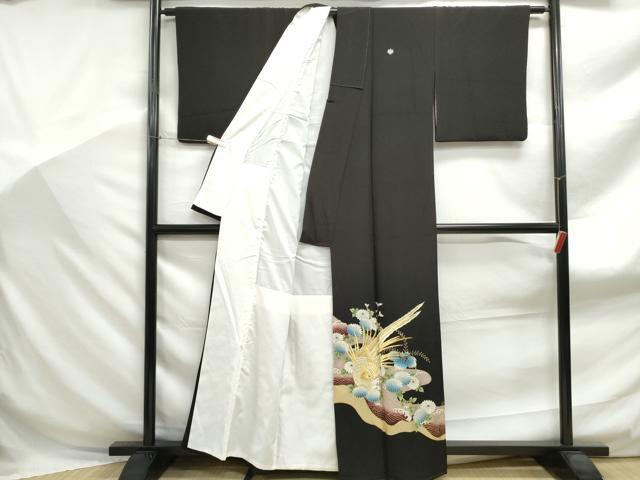 平和屋着物■黒留袖　刺繍　立波花鳥文　金糸　金彩　洗える着物　DABF9048qa