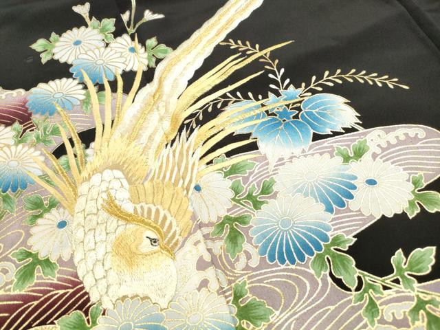 平和屋着物■黒留袖　刺繍　立波花鳥文　金糸　金彩　洗える着物　DABF9048qa